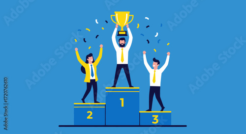 Triumphant business team celebrates victory, raising hands on winners podium with trophy.