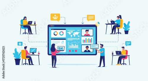 Global team collaborates remotely via video conferencing and data sharing.
