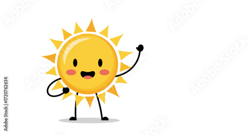 A cheerful cartoon sun with rosy cheeks waves hello while standing with its legs and arms.