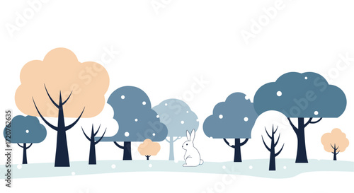 A whimsical winter forest scene with a cute bunny hopping through falling snow among stylized trees in soft pastel colors.