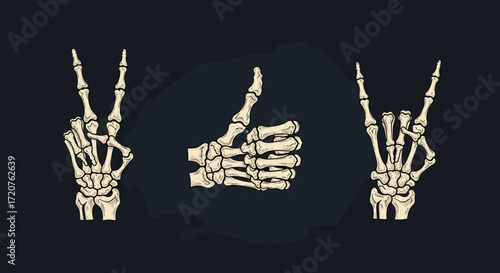 Illustrations of skeleton hands making different popular hand gestures against a dark background.