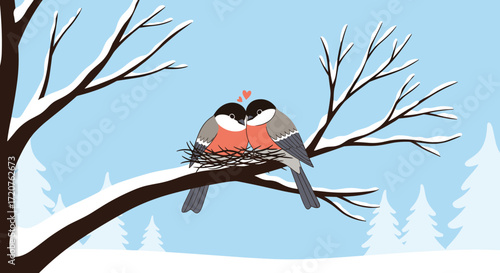 Two adorable birds sharing a nest in a snowy tree during winter.