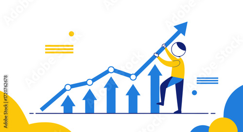 A stylized illustration of a person pushing a rising graph, symbolizing growth and success.