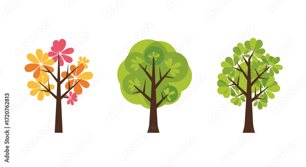 Fototapeta premium Three distinct trees representing different seasons and foliage styles for design elements.