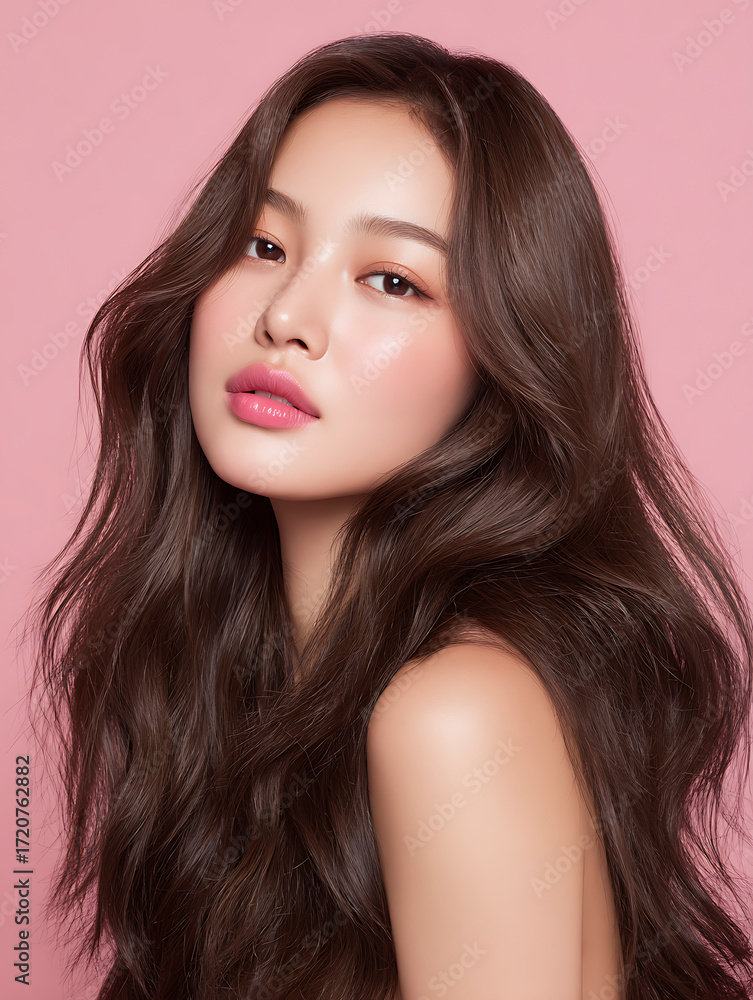 Fototapeta premium 핑크 배경 앞에서 긴 웨이브 브라운 머리를 늘어뜨린 여성의 헤어 스타일 