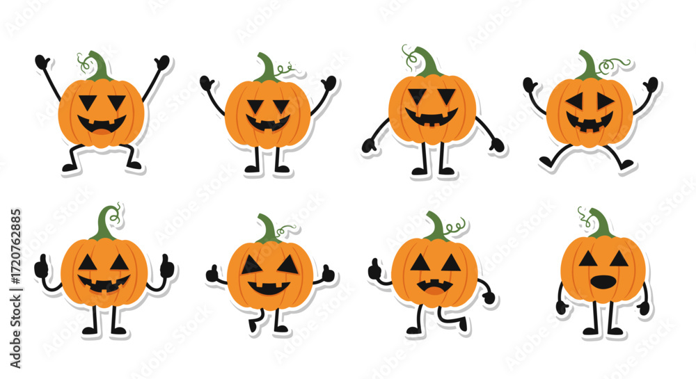 Fototapeta premium A collection of eight cartoon pumpkins with expressive faces and limbs for halloween.