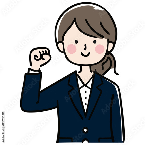 Energetic young woman in blue suit with raised fist gritty textured illustration symbolizing motivation growth and hope  
