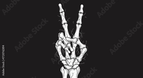 A skeleton hand forming a peace sign against a black background.