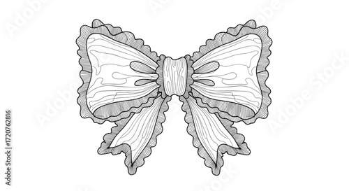 An intricately detailed black and white illustration of a large decorative bow.