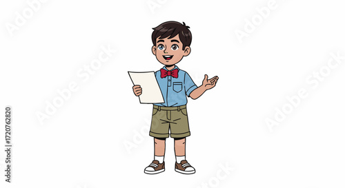 A young boy holding a paper and gesturing in a casual stance