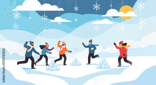 A group of friends enjoying a fun snowball fight in a snowy winter landscape with playful snowflakes falling from the sky.