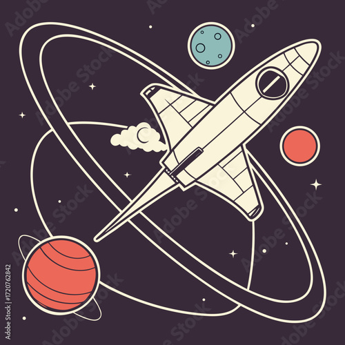 Retro style space illustration featuring a space shuttle flying among planets, stars, and cosmic orbits. Perfect for science, astronomy, space travel, and futuristic design projects