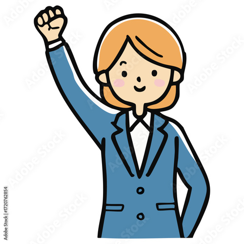 Energetic young woman in blue suit with raised fist gritty textured illustration symbolizing motivation growth and hope  
