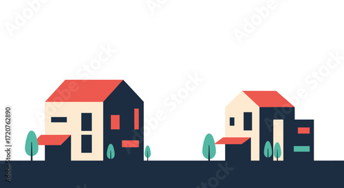 Two minimalist houses with red roofs stand side by side in a stylized landscape.
