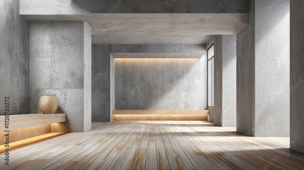 Fototapeta premium Chic Minimalist Icelandic Home with Clean Geometric Lines Incorporating Subtle Concrete and Wood for a Harmonious Living Experience
