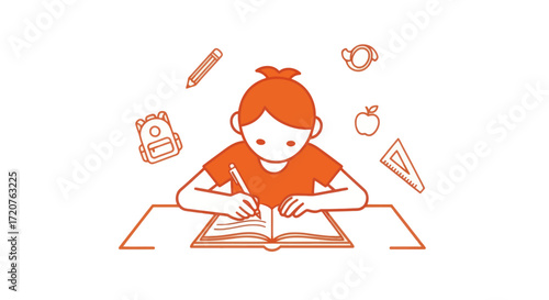 Child diligently studying, surrounded by school supplies.