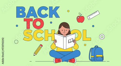 Smiling student sits cross-legged reading a book, surrounded by school supplies, against a "Back to School" banner.