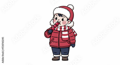 A young child dressed in winter attire stands outdoors wearing a red coat and hat.