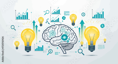 A stylized illustration of a brain surrounded by light bulbs, graphs, and magnifying glasses, symbolizing creativity and innovation.