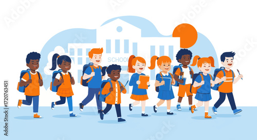 A diverse group of cheerful children with backpacks are enthusiastically running towards a school building under a bright sun.