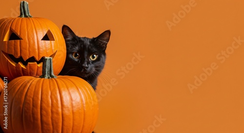 Black cat peeking from behind carved pumpkins on orange background  