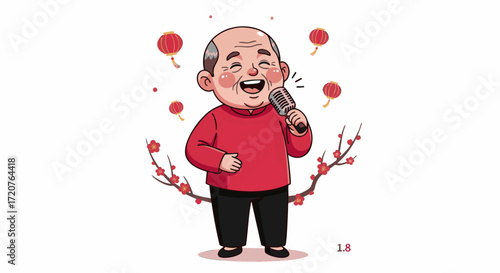 Elderly man singing into microphone surrounded by red lanterns and branches