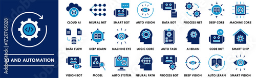 AI and Automation icon collection set. Containing design technology, automation, digital, ai, business, data