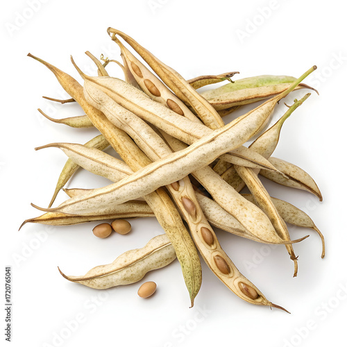 Dried cluster beans, dehydrated vegetable pods isolated on white background, commonly used in cooking,
