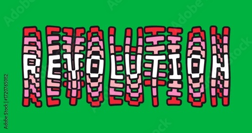 graphic designers exploring transparent canvas featuring layered block text revolution