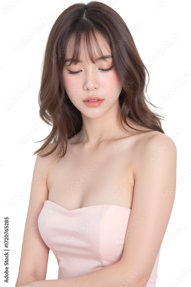 Obraz premium Elegant Asian woman in a strapless dress with natural makeup and long hair, photographed against a clean isolated