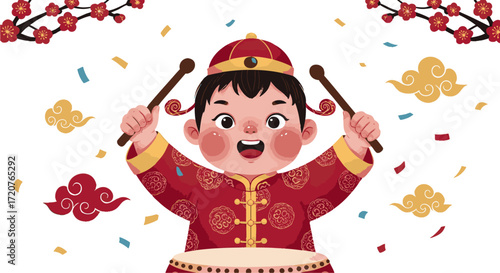 A young boy in traditional attire enthusiastically plays drums amidst festive confetti