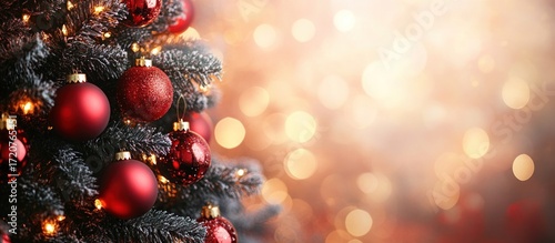 Close-up of Red Christmas Ornaments on a Decorated Tree with Lights and Bokeh Background