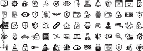 Essential security icons set for digital protection and safety assurance, offering a wide variety of symbols for secure online environments and data privacy