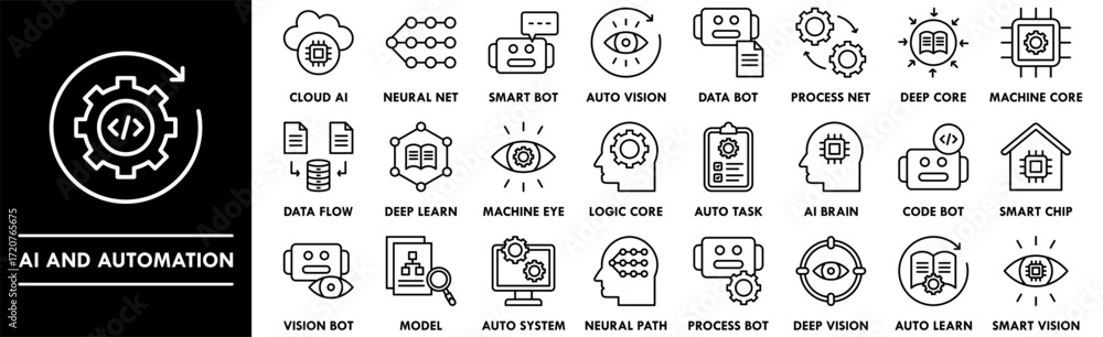 Obraz premium AI and Automation icon collection set. Containing design technology, automation, digital, ai, business, data