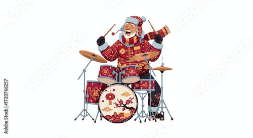 Vibrant Drummer Playing Drums with Enthusiasm in a White Background