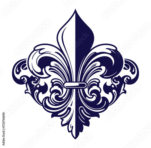 Elegant dark blue fleur de lis design with intricate swirls and flourishes on white background