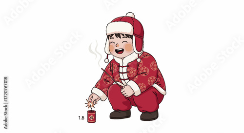 Santa Claus crouching and holding a lit firecracker in a festive holiday scene illustration