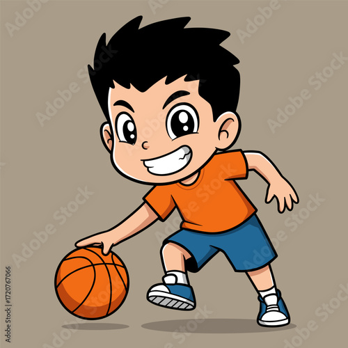 Smiling child with spiky black hair dribbling basketball, wearing orange shirt and blue shorts.