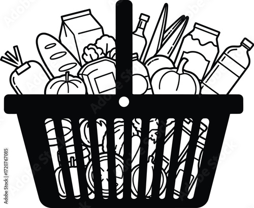 Shopping basket with groceries, food, vegetables
