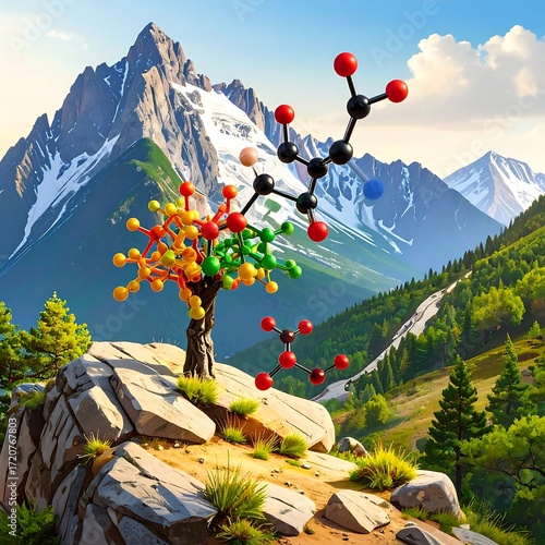 Colorful molecule tree on mountain