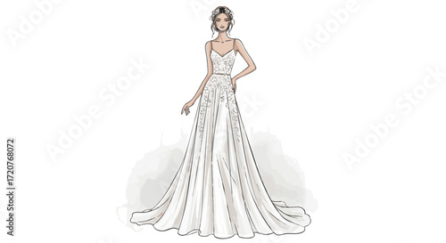 Elegant bride in a flowing white wedding dress standing confidently with one hand on her hip