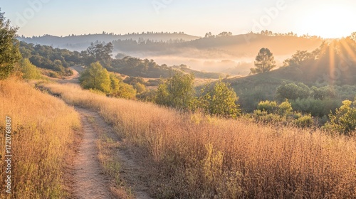 Serene Sunrise Over Misty Hills with Pathway in Nature Landscape