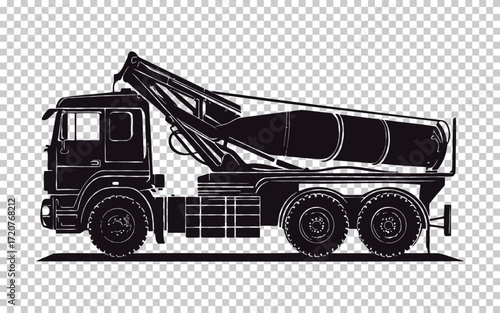Military truck equipped with missile launcher seen from the side on transparent background