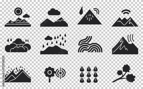 Different types of weather and natural phenomena icons designed in a simple black style