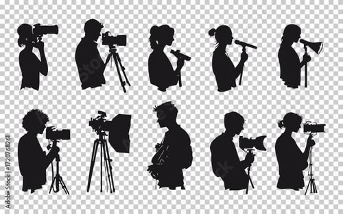 Different silhouettes of people using cameras, microphones, and megaphones in various activities and settings