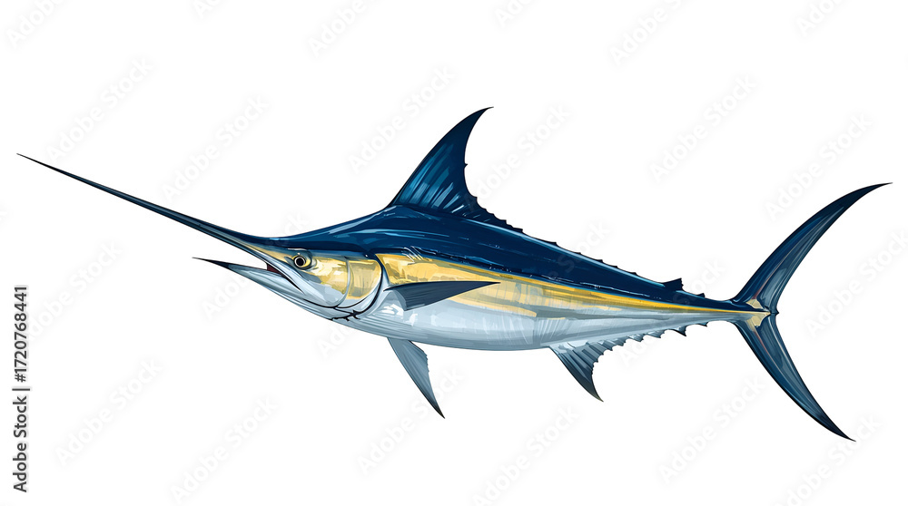 Fototapeta premium Blue and silver marlin fish with a long spear-like bill on a black background billfish isolated on a transparent background