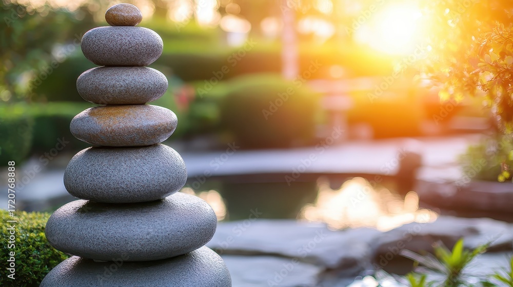 Obraz premium Serene Zen Garden with Stacked Stones and Soft Sunset Glow