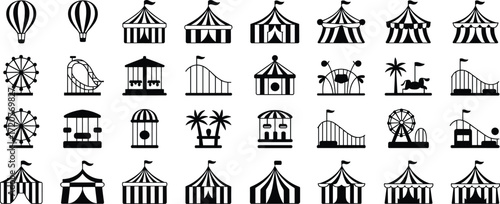 Carnival amusement park icons, black silhouette set, Ferris wheel, roller coaster, circus tent, hot air balloon, carousel, vector symbols