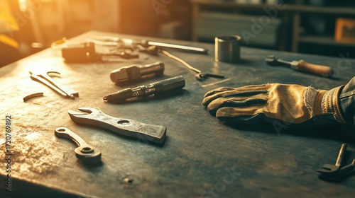 Tools and Workspace in Workshop with Warm Light and Focused Hands
