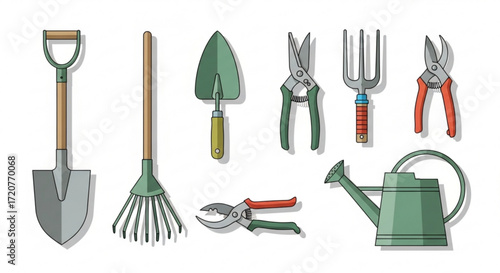 Gardening tools equipment set shovel rake trowel pruner fork and watering can for garden and landscaping work